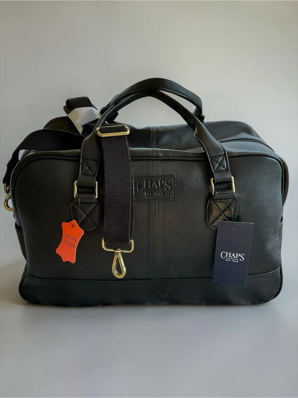 Chaps Genuine Leather Duffle Bag Carry On Travel Weekender Black Ralph Lauren